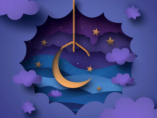 Night sky clouds round frame with stars on a rope in papercut style. Cut out a 3d background with violet and blue gradient cloudy landscape papercut art.
