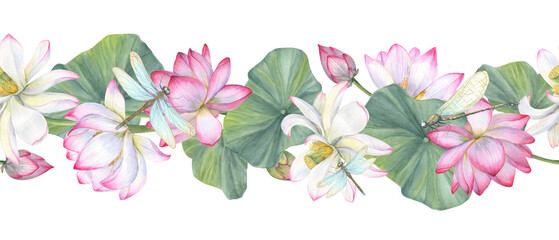 Lotus flower banner. White pink Water Lily, Indian Lotus. Floral seamless pattern. Watercolor illustration of Vietnamese national flowers. For cosmetic design, ayurveda products, textile