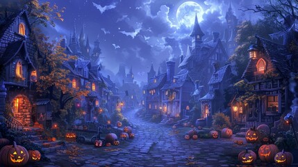 Obraz premium A spooky Halloween night scene with pumpkins and haunted houses