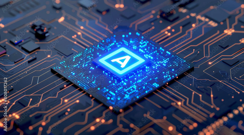 Poster advanced ai technology on a glowing blue circuit board in close-up view