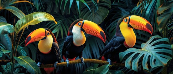 Obraz premium Panoramic jungle scene featuring a group of colorful toucans perched amidst lush foliage