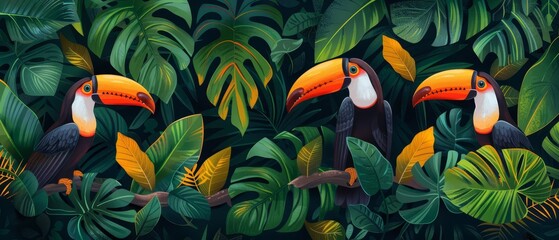 Fototapeta premium Panoramic jungle scene featuring a group of colorful toucans perched amidst lush foliage