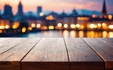 empty wooden table mockup on bokeh city background