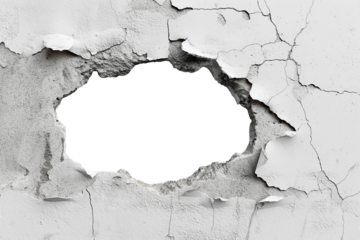 hole breaking through old grey cracked concrete wall. white background. cut out.
