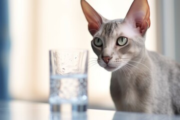 Medium shot portrait photography of a cute oriental shorthair cat drinking water in front of bright window