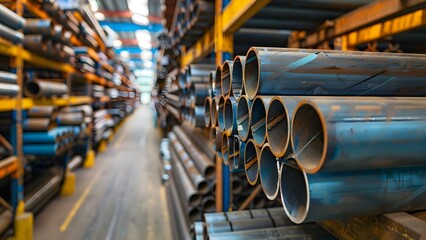 Steel pipes on warehouse shelf in industrial setting for metallurgy industry. Concept Steel Pipes, Warehouse Shelf, Industrial Setting, Metallurgy Industry