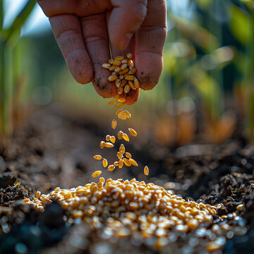 A hand sows wheat into the ground. The photo can be used to illustrate the gospel parables