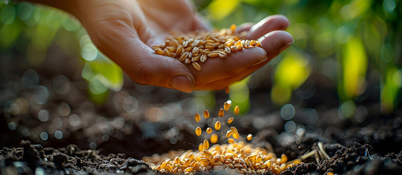 A hand sows wheat into the ground. The photo can be used to illustrate the gospel parables