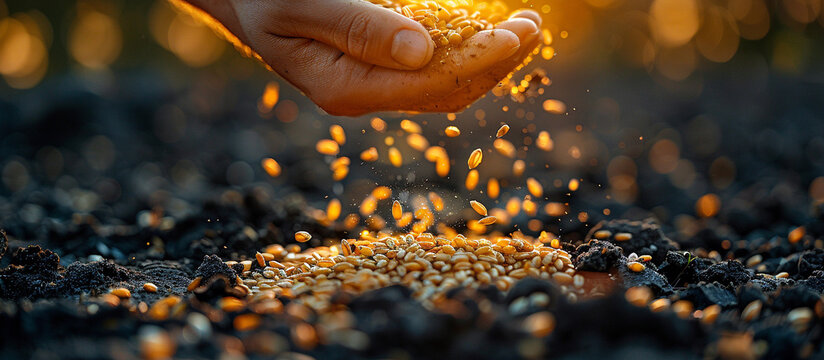 A hand sows wheat into the ground. The photo can be used to illustrate the gospel parables