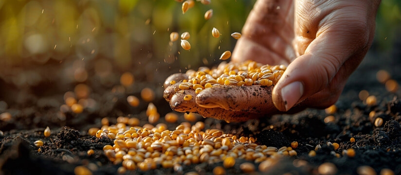 hand sows grains of wheat into the ground. The photo can be used to illustrate the Gospel parable of the sower