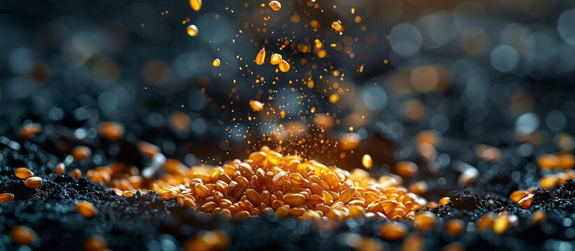 hill of wheat grain on black soil. The photograph can be used for Gospel illustrations of the parable of the sower
