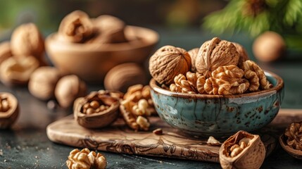 Fototapeta premium A bowl of nuts and walnuts on a table with some scattered around, AI