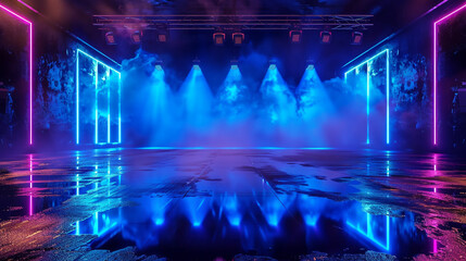 Empty stage lit by neon cobalt blue lights, reflecting on wet ground, smoky background.