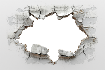 hole breaking through old grey cracked concrete white wall. white cement background. cut out.