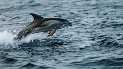 Fototapeta premium A playful dolphin jumping out of the water in a graceful arc, joy of marine life
