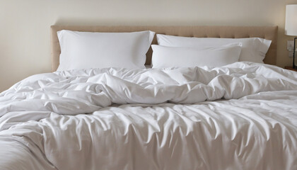 Morning bliss in a cozy beige bed chamber adorned with white sheets and pillows