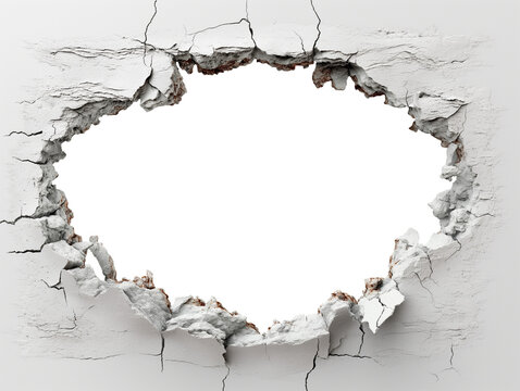 hole breaking through old grey cracked concrete wall. white background. cut out.