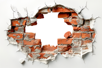 broken red brick wall with hole on transparent background. white background. cut out.