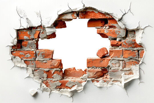 broken red brick wall with hole on transparent background. white background. cut out.