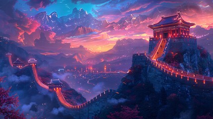 great wall of China at night.