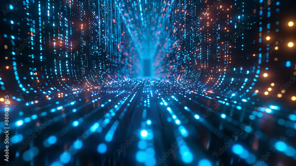 Poster imagine a high-tech virtual world with glowing neon lights and complex digital coding, forming a cap