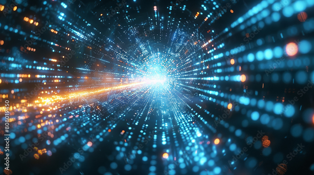 Poster imagine a cutting-edge virtual world with vibrant neon lights and complex data structures, forming a