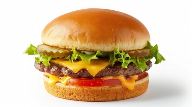 a juicy cheeseburger with melted cheese, fresh lettuce, ripe tomatoes, and a toasted bun, presented on a pristine white background, enticing viewers with its delicious simplicity