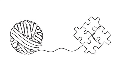 Chaos and order abstract minimalist concept vector illustration. Metaphor of disorganized difficult problem, mess with black single continuous tangle thread in need of unraveling isolated on white