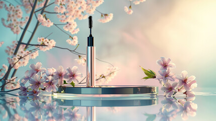 A reflective, mirrored podium showcasing a sleek, modern mascara, with cherry blossoms arranged elegantly beside it, set against a soft, glowing background to suggest freshness and renewal.
