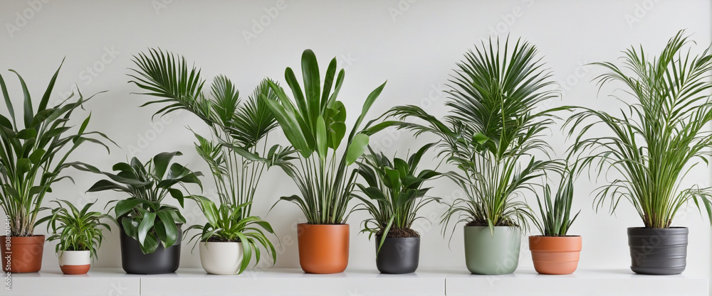 Poster a generative ai creating realistic bird nests with fern and fiddle leaf in rubber plant pots, isolat
