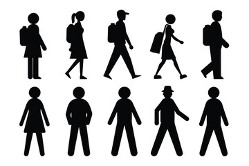 Set of Man and Woman Walk, Vector Icon people travel black Silhouette Design with white Background and Vector Illustration