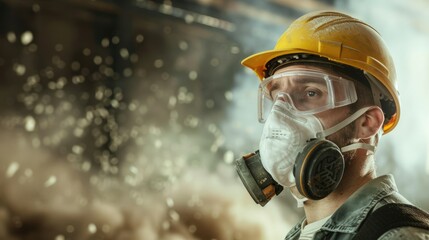 Fototapeta premium a professional construction worker wearing a high-grade dust mask amidst a construction site, surrounded by floating particles of glass wool dust, emphasizing safety precautions and hazardous working 