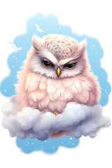 Obraz premium A pastelcolored fluffy owl sleeping on a hyperrealistic flying cloud, ethereal, dreamy, kawaii, isolated on white