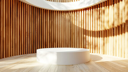 Natural wood grain panels combined with a white cylindrical podium.