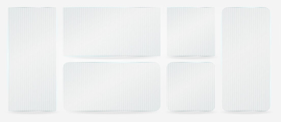 Ribbed glass effect, transparent plastic glossy card frame. Clear shiny textured square plate. Light window plexiglass mirror reflection sheet. Corrugated pattern gradient. 3d rectangular stand