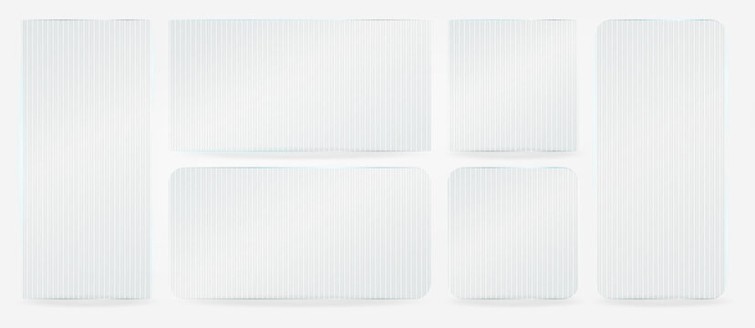Ribbed glass effect, transparent plastic glossy card frame. Clear shiny textured square plate. Light window plexiglass mirror reflection sheet. Corrugated pattern gradient. 3d rectangular stand