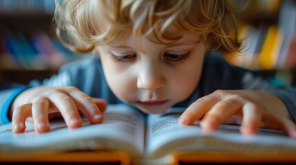 A young boy with blonde hair reading a book in front of bookshelves, AI
