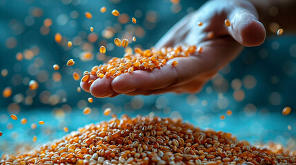 Hand holds wheat on a blue background. The photograph can be used for Gospel illustrations of the...