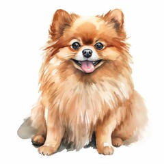 Obraz premium Cute Pomeranian puppy. The dog has a fluffy orange coat and a happy expression on its face. It is sitting down and looking up at the viewer with its tongue out.