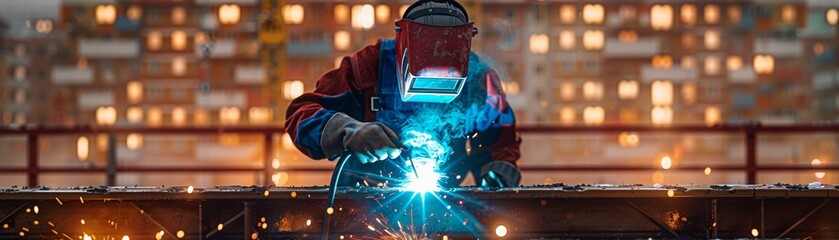 A man in a red and blue outfit is welding a metal structure