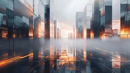Fototapeta premium Futuristic cityscape, 3D geometric buildings in metallic tones, a vision of advanced urban technology