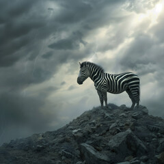 Obraz premium Zebra standing on a rocky hill under stormy skies.