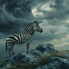 Obraz premium Zebra standing on rocky terrain under stormy skies.