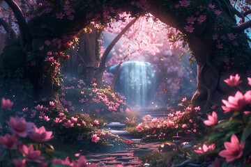 Fototapeta premium Enchanting fairy tale banner. Lush meadow & sakura blooms frame a text space. Whimsical & magical. 