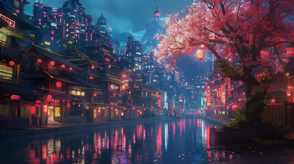 Anime nigh.Panoramic fantasy Tokyo with neon lights & sakura blooms. Wonder & magic. 