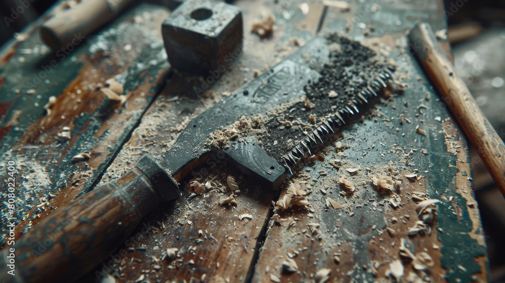 Poster a knife with a wooden handle is laying on a table with sawdust on it. the table is cluttered with sa