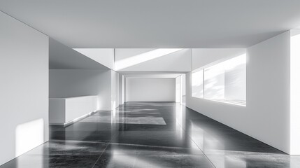 A long hallway with a lot of windows and black floor, AI