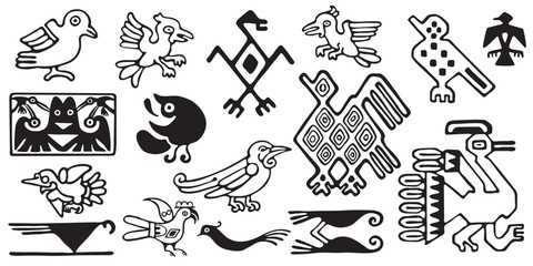 A set of tribal birds, black and white isolated vector. Aztec style Mexican designs - 808022470