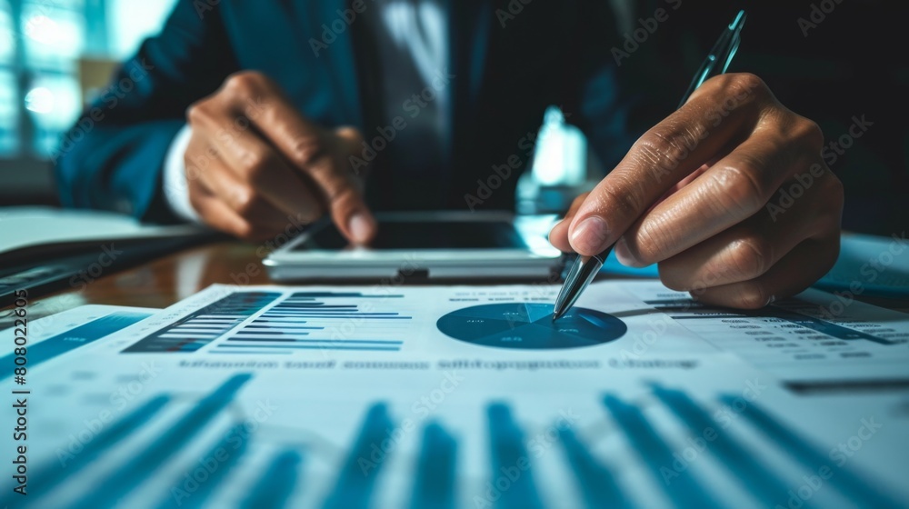 Poster A professional is analyzing statistical data and graphs while holding a pen and using a digital tablet.