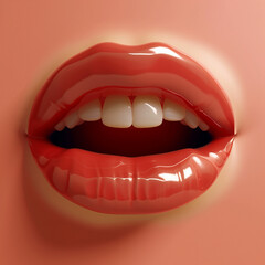 Obraz premium close up shiny mouth pink lips and teeth on plain pink skin
